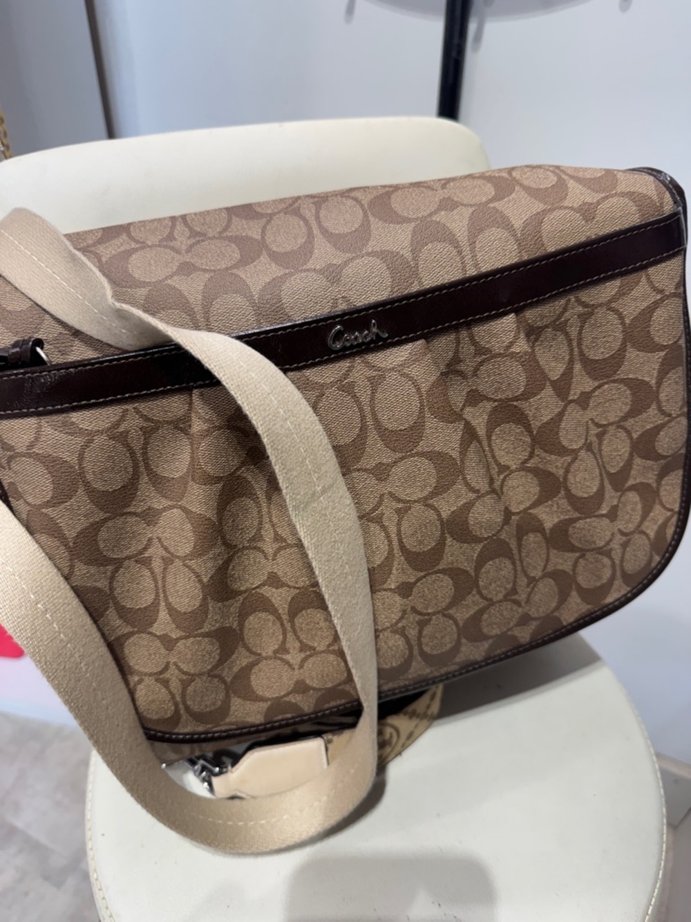 Coach Brown Signature Canvas Crossbody Bag with Beige Strap
